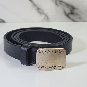Black Leather Belt with Decorative Brass Buckle